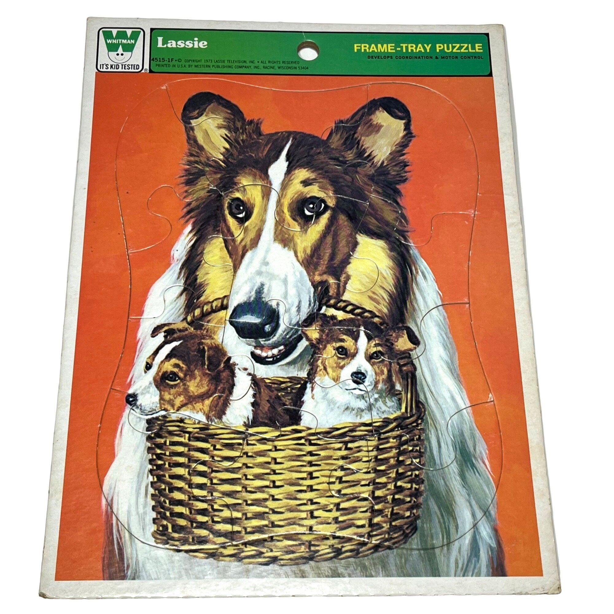 Vintage 1973 Whitman Cardboard Frame-Tray Puzzle Lassie with Basket of Puppies