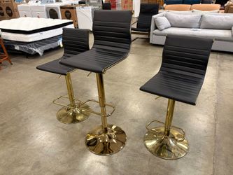Black Channel Stitched Leather Pneumatic Barstool with Gold Tone Base (Set of 3)