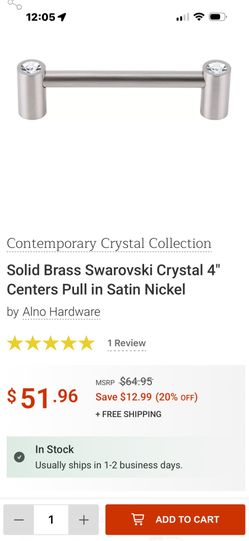 Solid Brass Swarovski Crystal 4" Centers Pull in Satin Nickel
