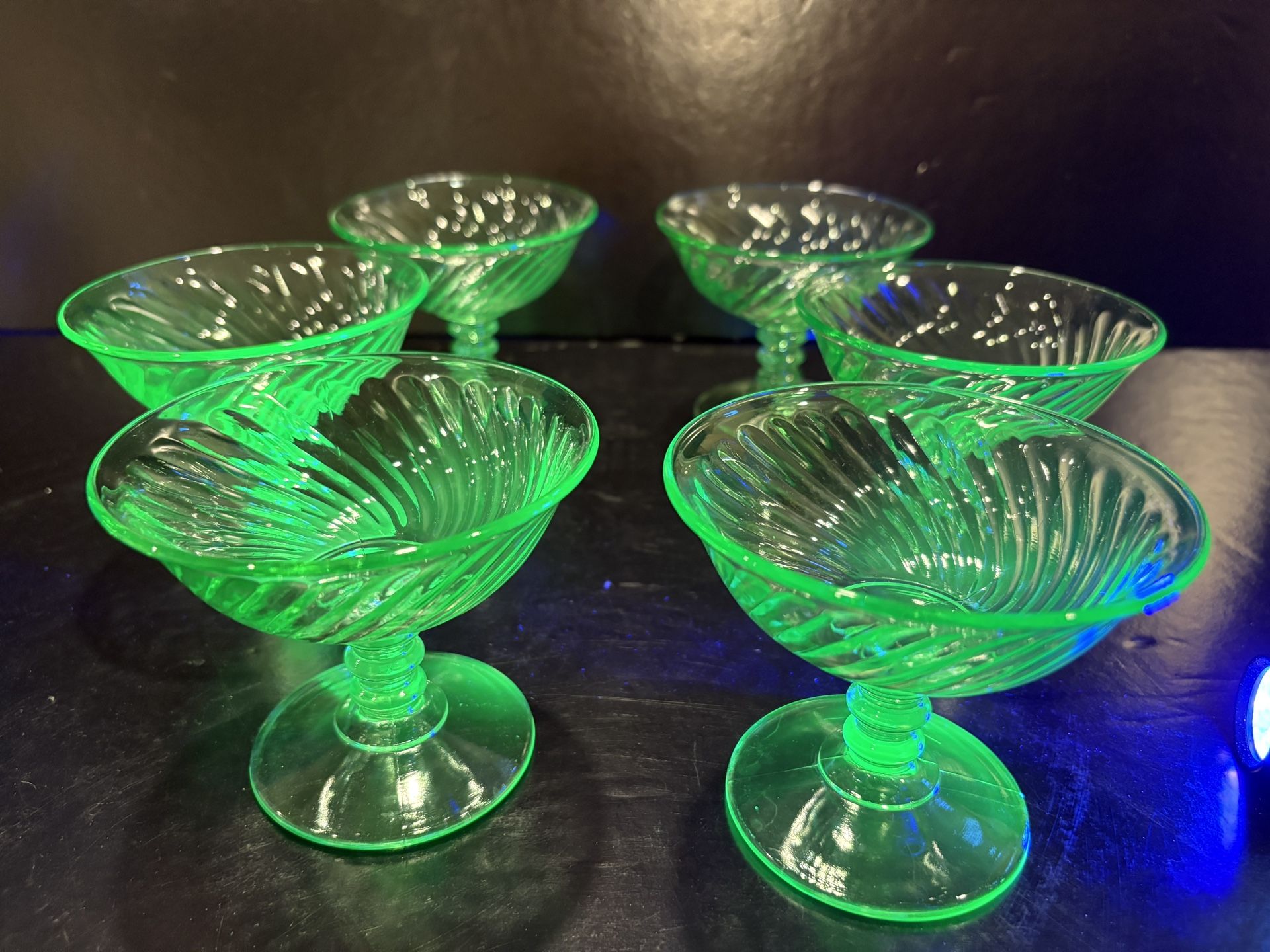 6 Vintage Green Vaseline Uranium Glass Sherbert Stemmed Dessert Glasses Depression Glass Excellent Condition 4” high and across