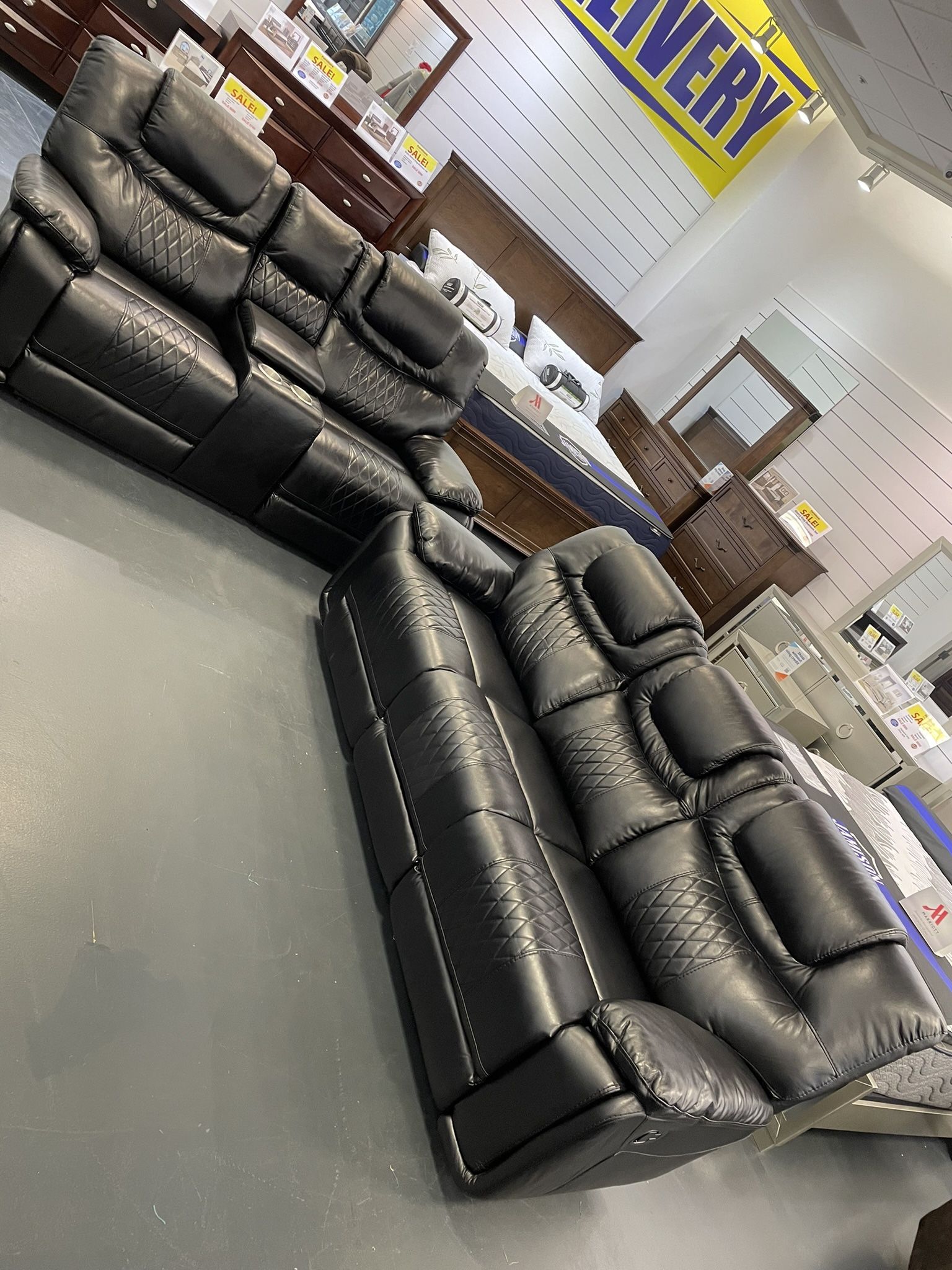 Black Friday sale now. Santiago, black leather reclining sofa and loveseat set only $1299. Easy finance option. Same day delivery.