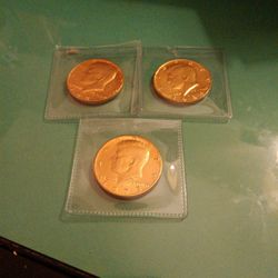 Set Of Three Golden Kennedy Half Dollar Coins