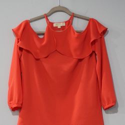 Michael Kors Women's Size Small Long Sleeve Cold Shoulder Coral Blouse Sunset Orange