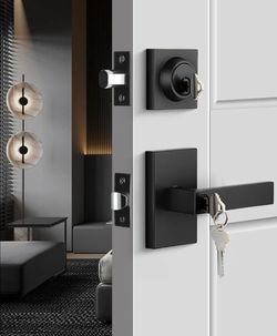 Goldenwarm Black Exterior Door Lock Set, Front Door Lock Set with Deadbolt, Square Contemporary Matte Black Front Door Lock Sets, Heavy Duty Zinc-allo
