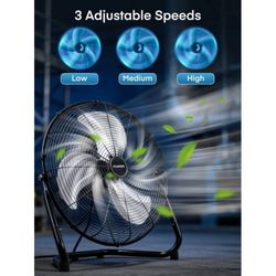 20" High Velocity Floor Fan, Heavy Duty Metal Cooling Fans with 3 Speeds, 360° 
