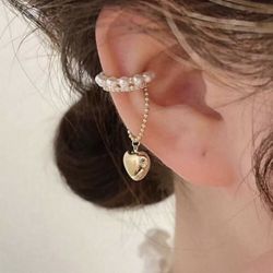 Brand New Elegant 14K Gold Plated Heart Rhinestone Faux Pearl Ear  Cuff Clip