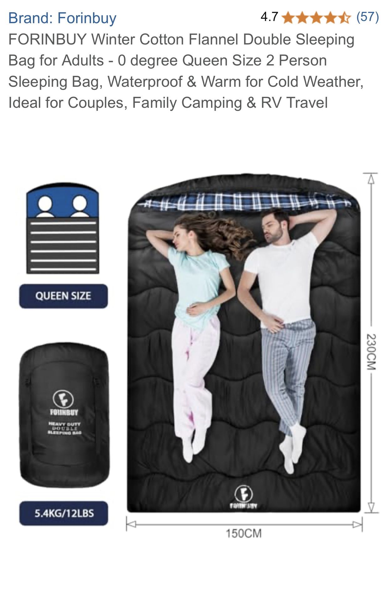 FORINBUY Heavy Duty Winter Cotton Flannel Double Sleeping Bag