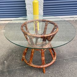 Mid-Century Modern Round Burnt Bamboo Glass Top Dining Dinette Table 