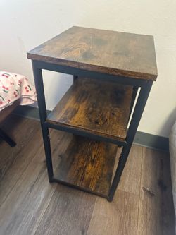 Wooden table/blue bench