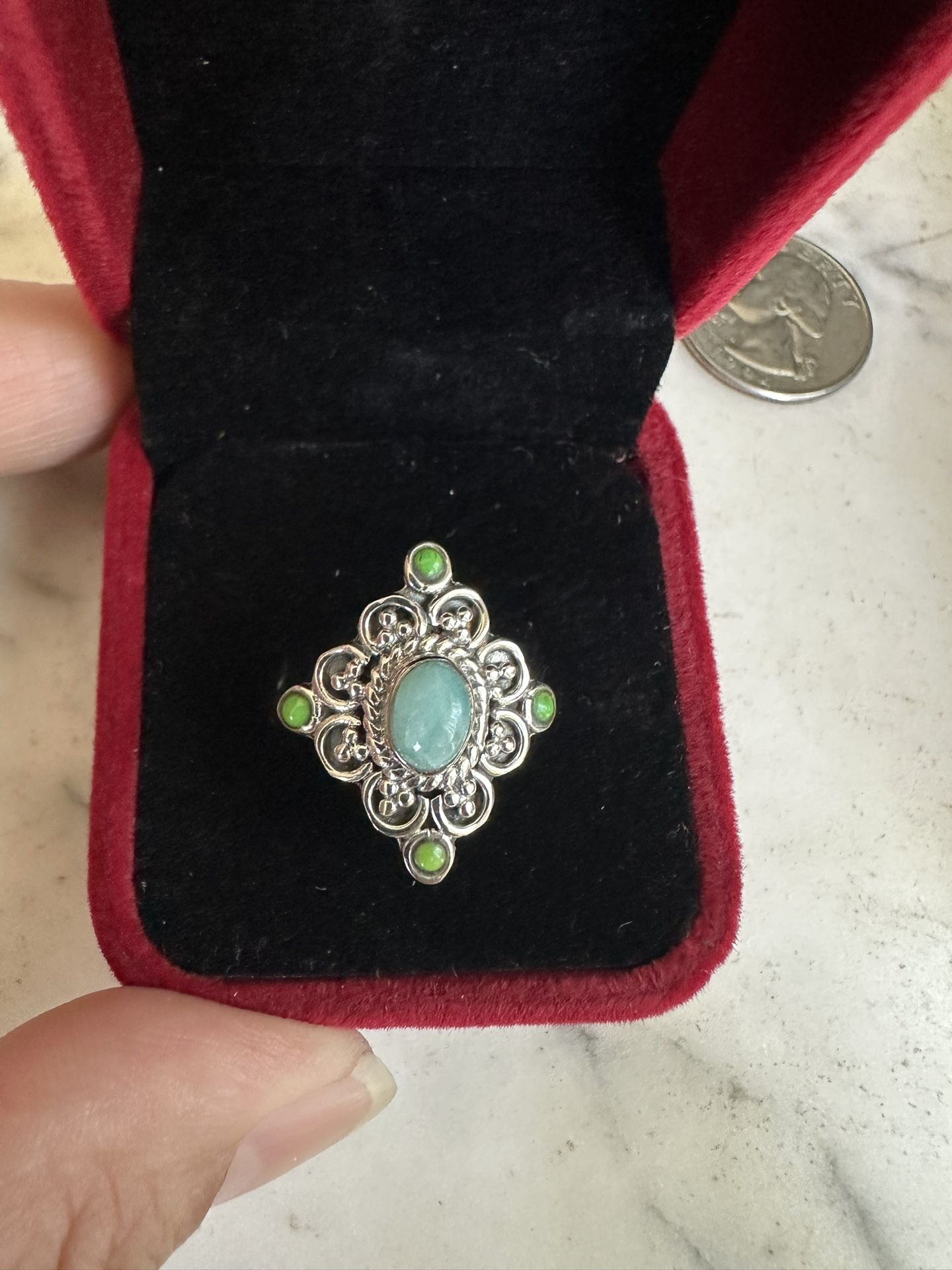 925 Sterling Silver Genuine Larimar And Green Turquoise Ring , Size 9.5 , Marked 925