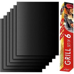 Renook Grill Mat Set of 6-100% Non-Stick Reusable Mats for Gas, Charcoal or Electric Grills - Easy to Clean - 15.75 x 13-Inch, Black