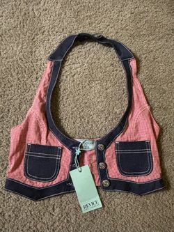 Revice Los Angeles Gingham Denim Halter Crop Top