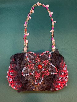 Stunning handmade beautifully embellished black evening bag with beads/lace detailing