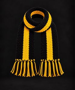 Black and Gold Striped Crochet Scarf with Fringe