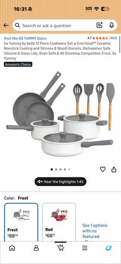 So Yummy by bella 12 Piece Cookware Set w EverGood™ Ceramic Nonstick Coating​ and Silicone & Wood Utensils, Dishwasher Safe Silicone & Glass Lids, Ove