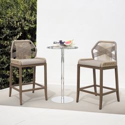 Set of 2 Outdoor Woven Rope Counter Stools with Cushions – 26.5”