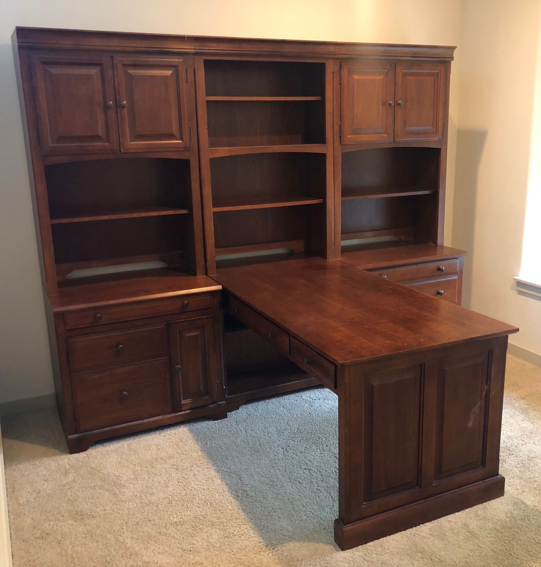 Solid cherry peninsula writing desk w/ side cabinets and 3 piece hutch
