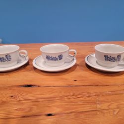 Pfaltzgraff Blue Floral Yorktowne Stoneware Set Of 3 Mug & Saucers ~ Coffee, Tea