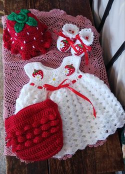 Crochet Baby Girl Red Strawberries Heirloom Dress Set Photo Prop Shipping Available