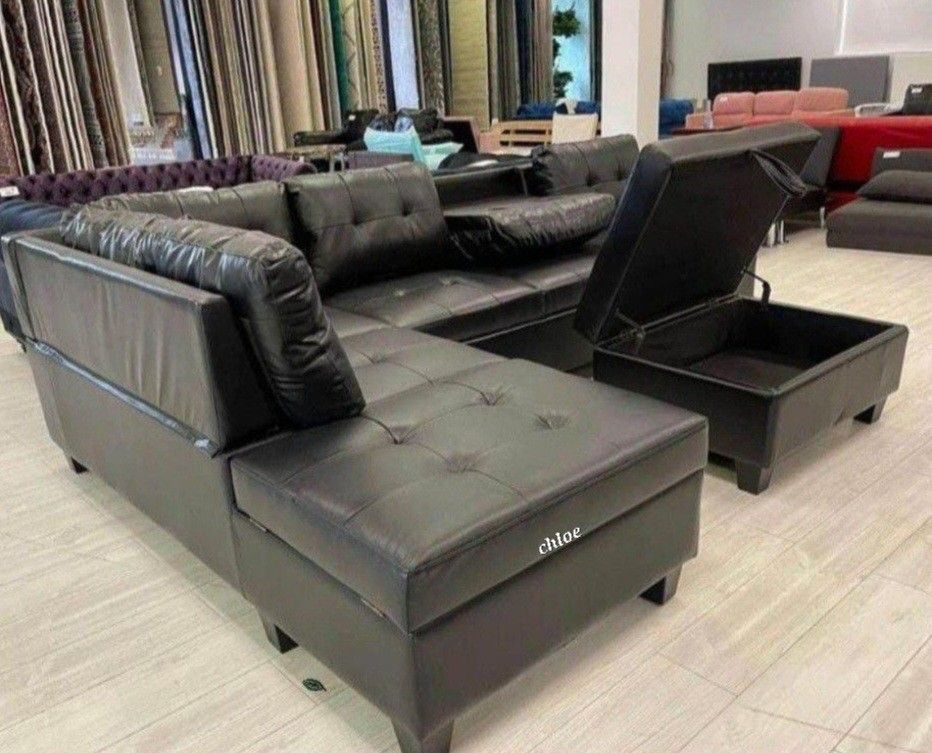 •ASK DISCOUNT COUPON🍬heights Black Faux Leather Reversible Sectional With Storage Ottoman  🛎 sofa Couch Loveseat Living room set recliner  futon ■