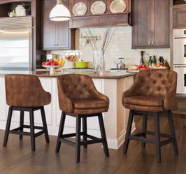 26 in. Brown Faux Leather Solid Wood Swivel Counter Height Bar Stools Double Cushion Bar Stool with Rivets Set of 3