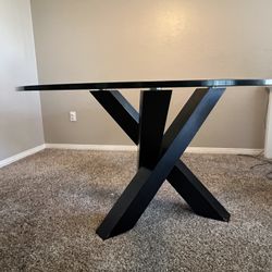 Round Glass Dining Table – Solid Wood Base, Modern Design