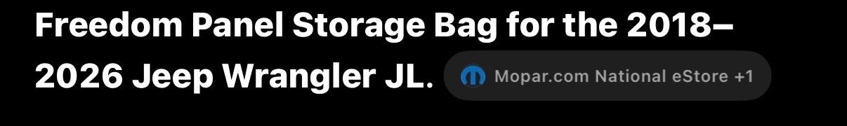 Mopar Freedom Panel Storage Bag Jeep Wrangler JL 2018–2026