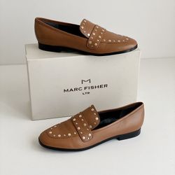 ✨New MARC FISHER Zimma Leather Studded Loafers Brown Womens Shoes Size 8M 