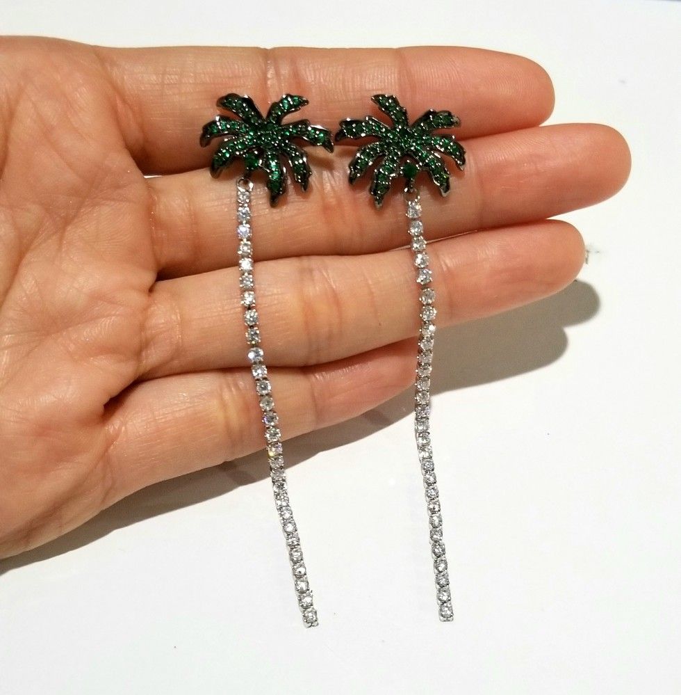 Cz diamond palm earrings dangle silver