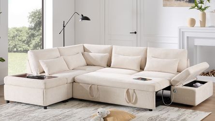 New Chenille Fabric Sleeper Sectional With Storage. Beige / Grey. 107x85x35H. Free Delivery!