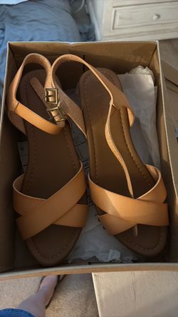Tan Strappy Sandals with Gold Buckle