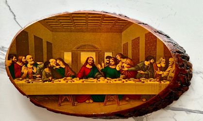 The Last Supper Print on a Tree Slice with Tree bark Surround-Wisconsin Dells-Vintage!