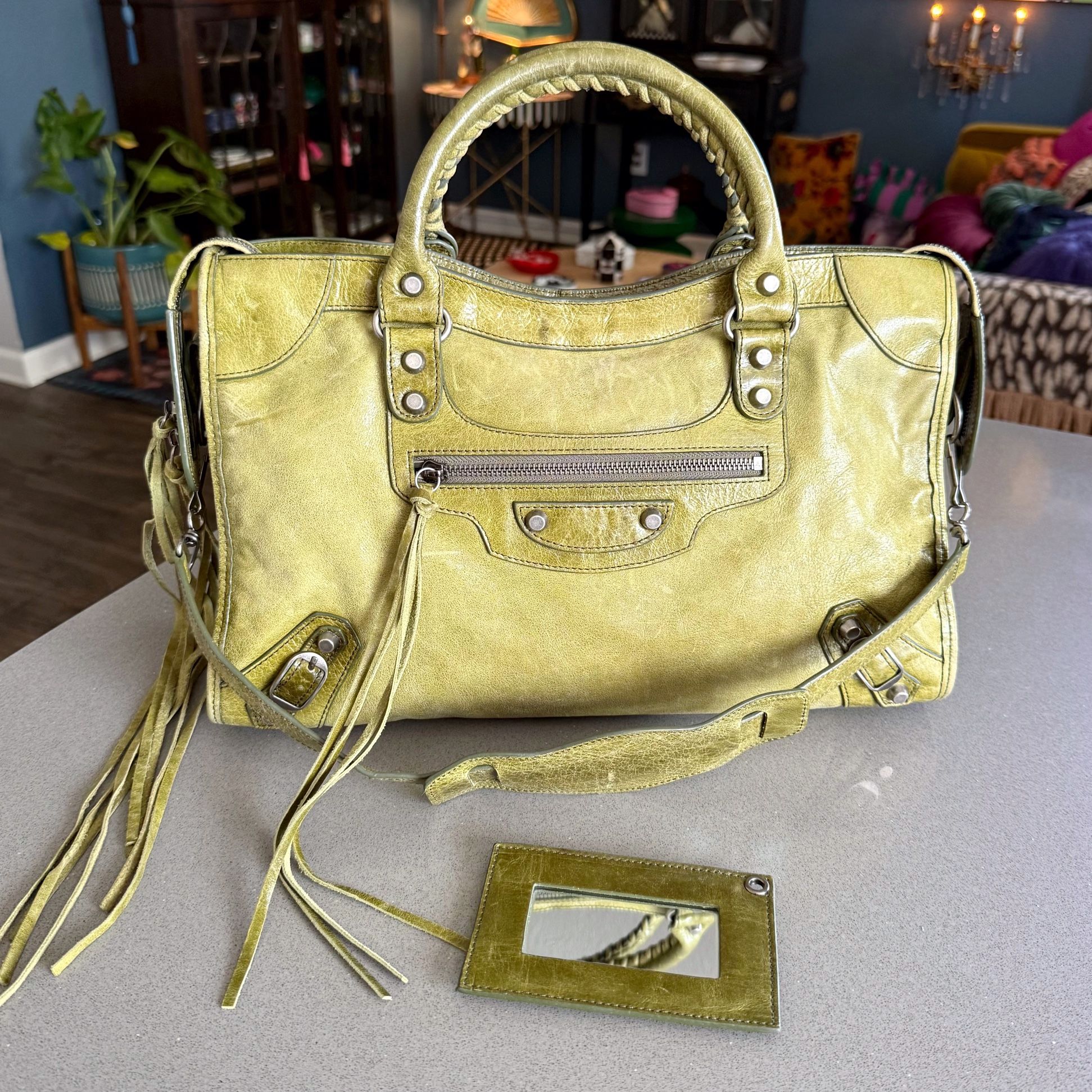 BALENCIAGA Classic Vintage Olive Green Lambskin Leather City Tote Bag