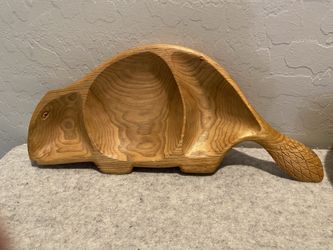 Vintage hand-carved wooden beaver shaped serving bowl or divided nut dish