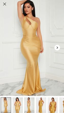 Fashion Nova Gold Satin One-Shoulder Maxi Gown