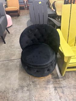 Tufted Storage Vanity Chair Rolling with Wheels, Black Barrel Back, Hidden Storage under Seat