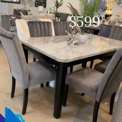 Elegant! 6-pc dining table set with grey velvet upholstered chairs