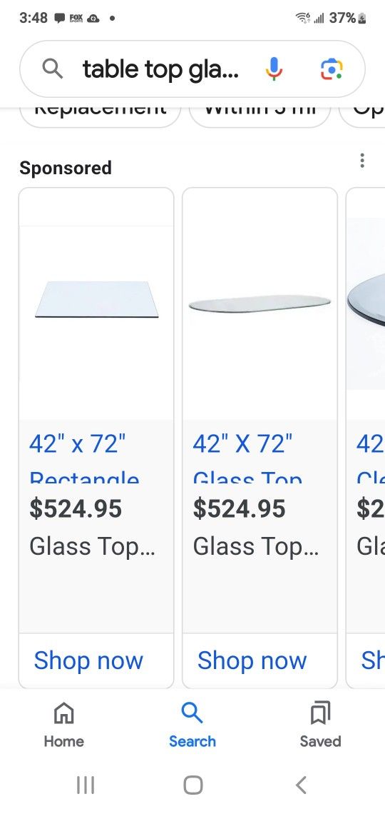 42 X 72 1/4 Inch Thick Glass TBle Top