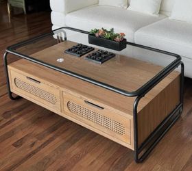 Litton Lane 47 in. Brown Medium Rectanale Glass 1 Shelf Coffee Table with 2 Cane Front Drawers and Gray Metal Frame