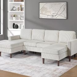 Sectional Double Chaise Beige Corduroy Fabric. New Especial Price