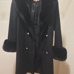 Brand New Wolf And Badger  'MARLENE' 100% CASHMERE & WOOL COAT WITH FAUX FUR IN NERO (S/M)
