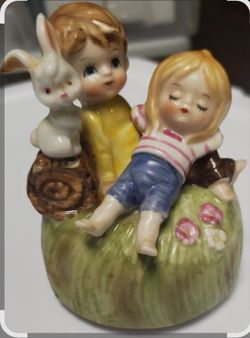 Lovely Porcelain Boy And Girl With White Easter Bunny Rotating Music Box Plays Love Story