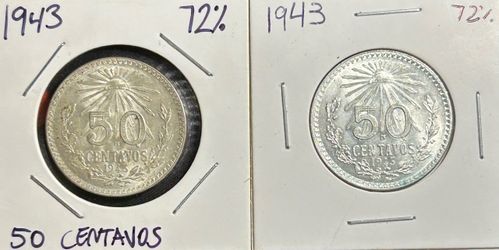 1943 Mexico 50 Centavos 72% Silver Coins