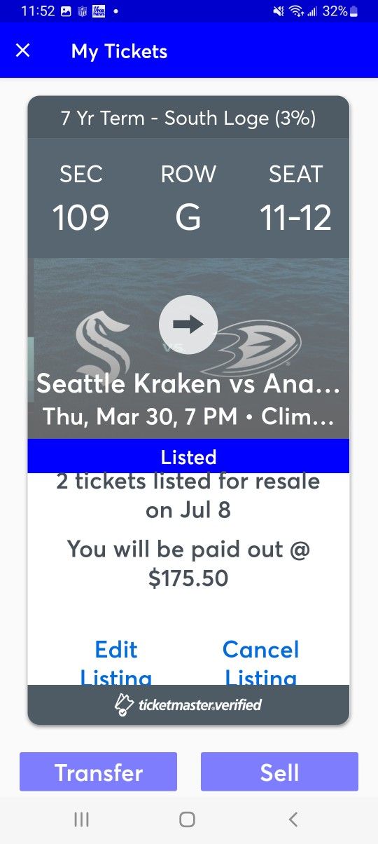 Seattle KRAKEN 2 Tickets Section 109 Row G Devils, Stars, Ducks, Etc s