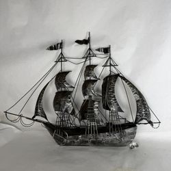 Vintage Black Silver Colour Tin Metal Hanging Ship Boat Wall Art Decor 31x24