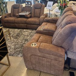 Power Reclining Sofa And Loveseat. 100% Polyester, Armrest With Storage & Cupholders, Adjustable Headrest & More 