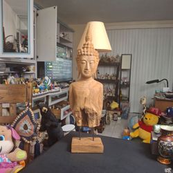 Hand-carved Large Solid Wooden Buddha Bust On Wood Stand W/Raw Unrefined Weathered Split Wood, Vintage Late 20th Century-SEE DESCRIPTION