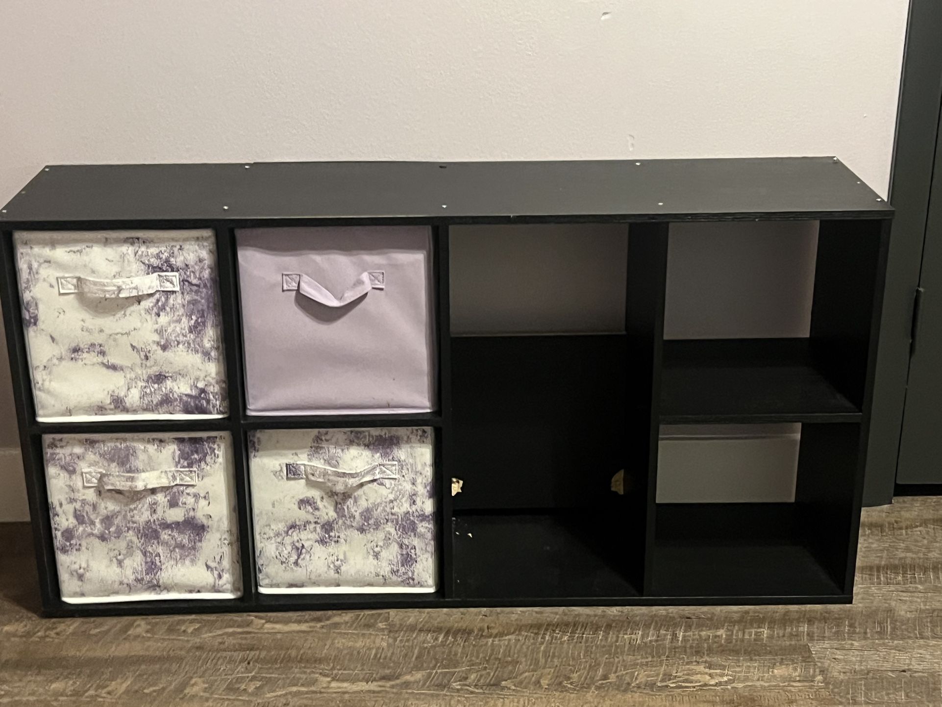 Black Storage Shelf With Fabric Bins