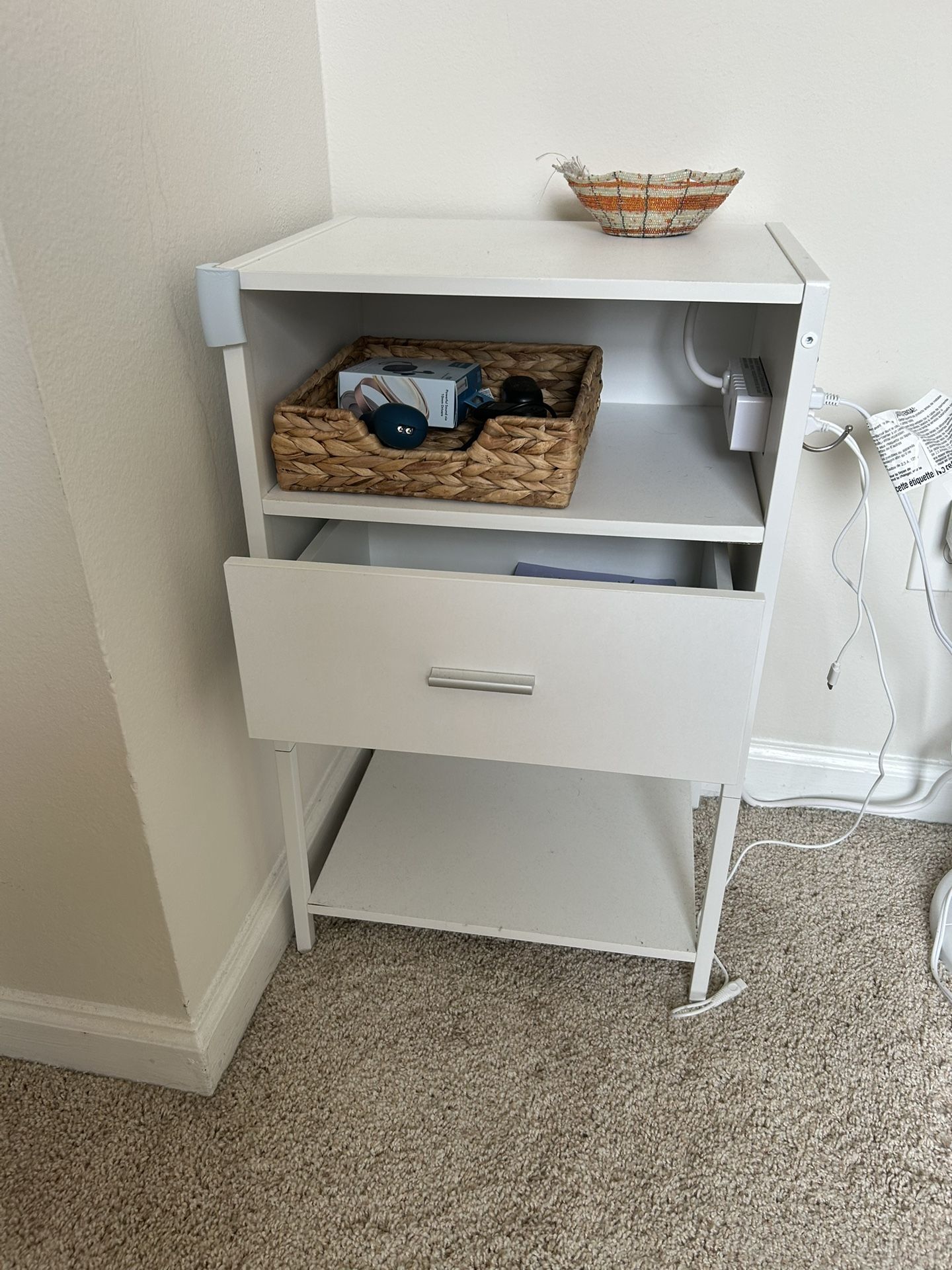 Nightstand with Charging Station, Modern End Table with Drawer, White Bedside Table with Open Storage - Assembled Like NEW