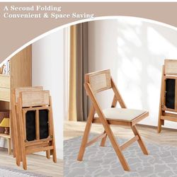 Dining Chairs Kitchen Folding Chair Set of 2 Modern Rattan Table Chair with Oak Wooden Leather Foldable Chair for Living Reading Room Wedding Balcony,